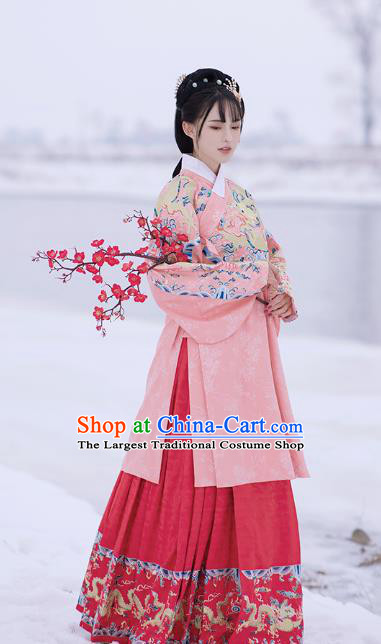 Chinese Ming Dynasty Royal Princess Pink Blouse and Skirt Traditional Ancient Patrician Lady Costumes for Women