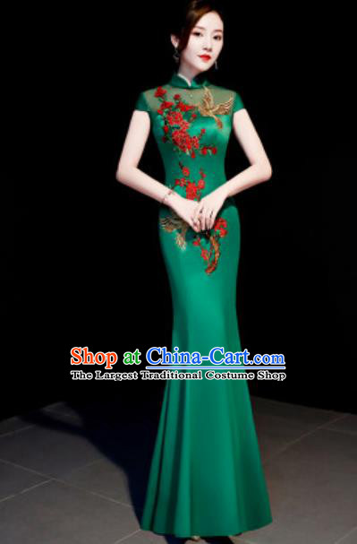 Chinese Traditional Embroidered Peony Green Qipao Dress Compere Cheongsam Costume for Women