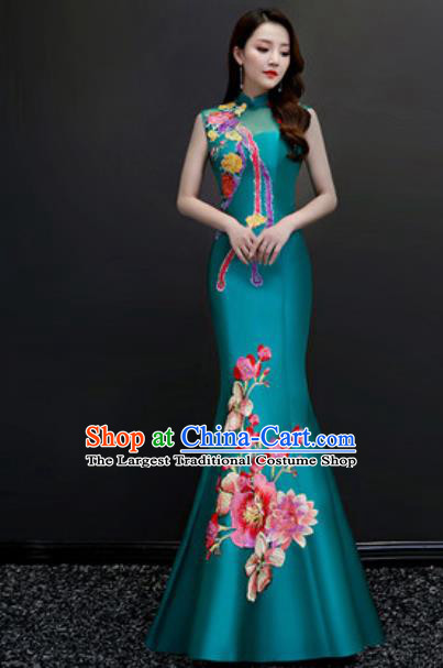 Chinese Traditional Chorus Embroidered Peacock Green Full Dress Compere Cheongsam Costume for Women