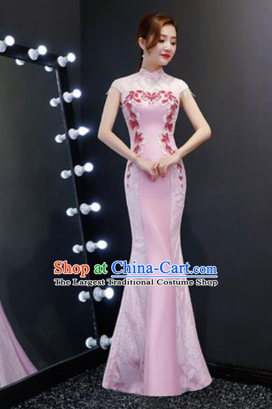Chinese Traditional Embroidered Fishtail Pink Dress Compere Cheongsam Costume for Women