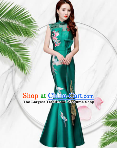 Chinese Traditional Embroidered Birds Green Qipao Dress Compere Cheongsam Costume for Women
