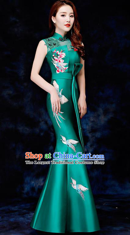 Chinese Traditional Embroidered Birds Green Qipao Dress Compere Cheongsam Costume for Women
