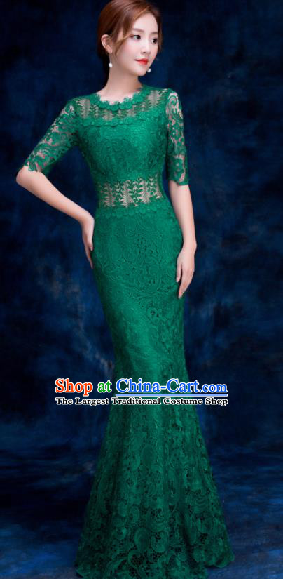 Top Compere Catwalks Green Lace Full Dress Evening Party Compere Costume for Women
