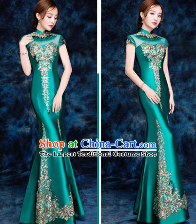 Chinese Traditional Embroidered Sequins Green Qipao Dress Compere Cheongsam Costume for Women