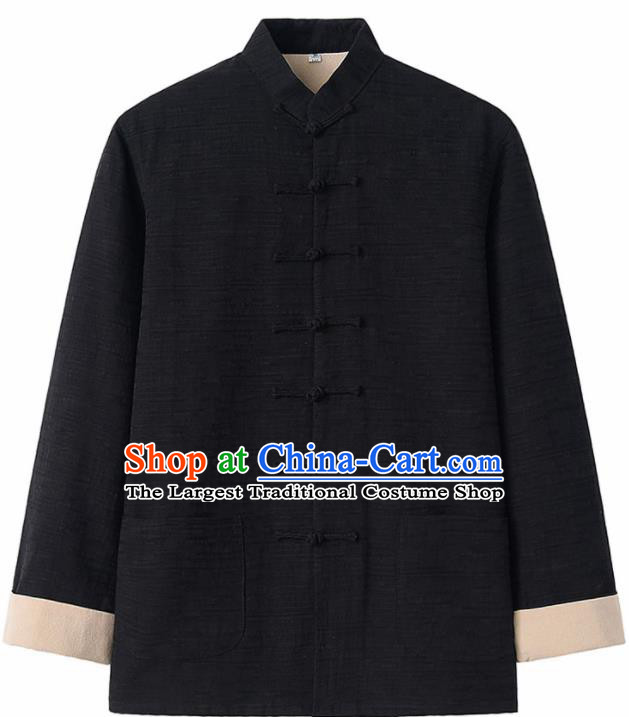 Chinese National Tang Suit Black Flax Jacket Overcoat Traditional Martial Arts Costumes for Men