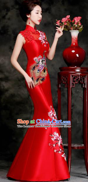 Chinese Traditional Embroidered Peacock Mangnolia Red Qipao Dress Compere Cheongsam Costume for Women