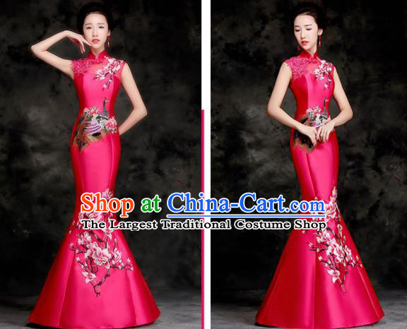 Chinese Traditional Embroidered Peacock Mangnolia Rosy Qipao Dress Compere Cheongsam Costume for Women