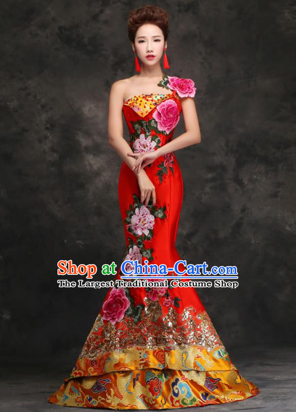 Chinese Traditional Embroidered Peony Red Trailing Qipao Dress Compere Cheongsam Costume for Women