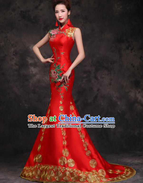 Chinese Traditional Wedding Embroidered Peony Red Qipao Dress Compere Cheongsam Costume for Women