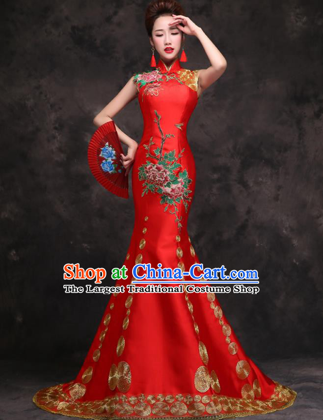 Chinese Traditional Wedding Embroidered Peony Red Qipao Dress Compere Cheongsam Costume for Women