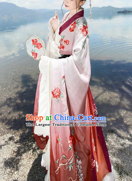 Chinese Jin Dynasty Court Princess Wine Red Embroidered Dress Traditional Ancient Flowers Goddess Costumes for Women