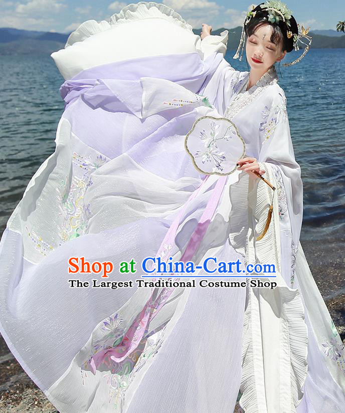 Chinese Jin Dynasty Imperial Consort Lilac Embroidered Dress Traditional Ancient Fairy Goddess Costumes for Women