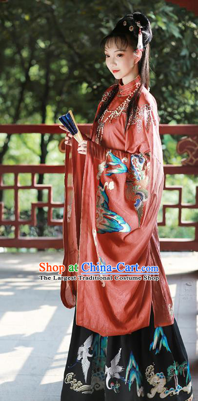 Chinese Ming Dynasty Palace Lady Red Embroidered Dress Traditional Ancient Imperial Consort Costumes for Women