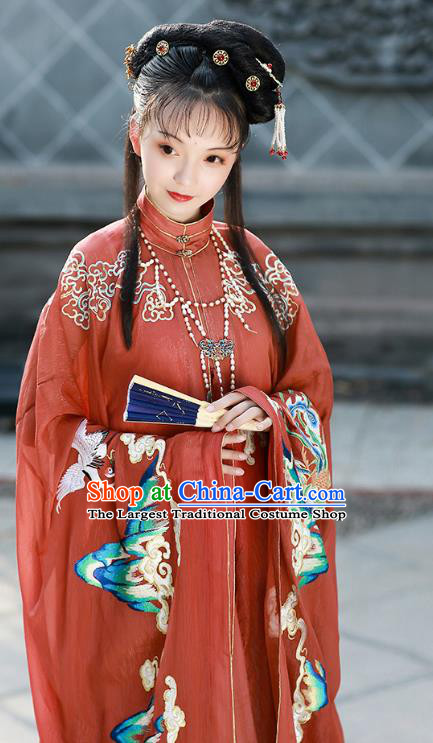 Chinese Ming Dynasty Palace Lady Red Embroidered Dress Traditional Ancient Imperial Consort Costumes for Women