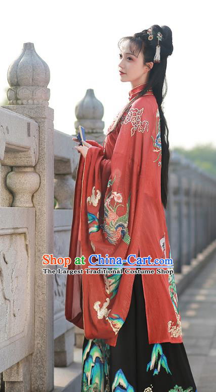 Chinese Ming Dynasty Palace Lady Red Embroidered Dress Traditional Ancient Imperial Consort Costumes for Women