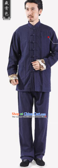 Chinese National Navy Flax Jacket and Pants Traditional Tang Suit Martial Arts Costumes Complete Set for Men