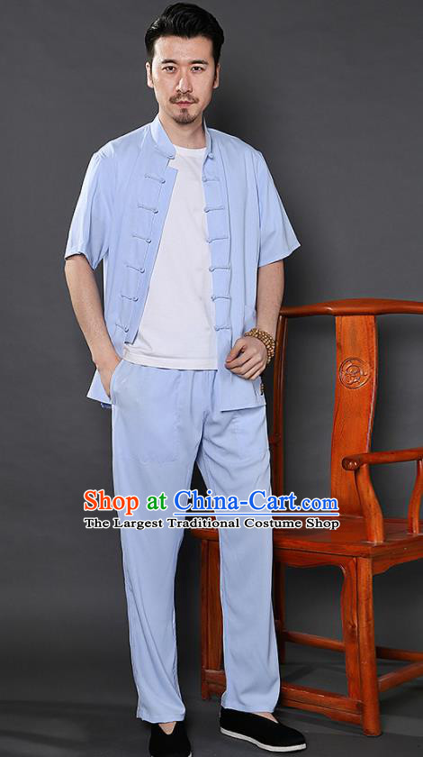 Chinese National Light Blue Shirt and Pants Traditional Tang Suit Martial Arts Costumes Complete Set for Men