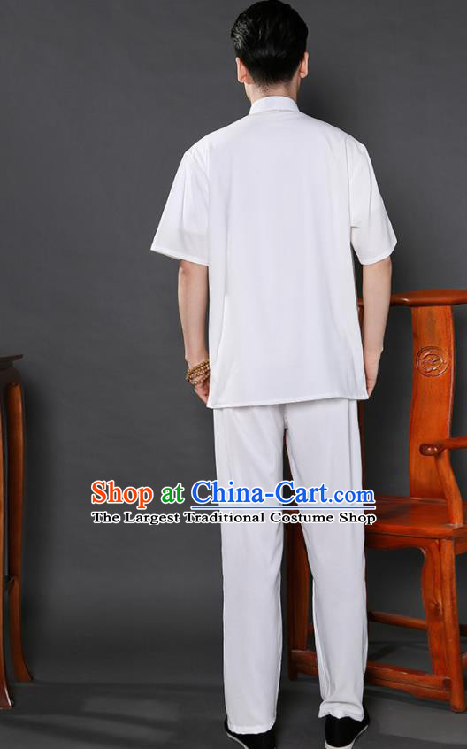 Chinese National White Shirt and Pants Traditional Tang Suit Martial Arts Costumes Complete Set for Men