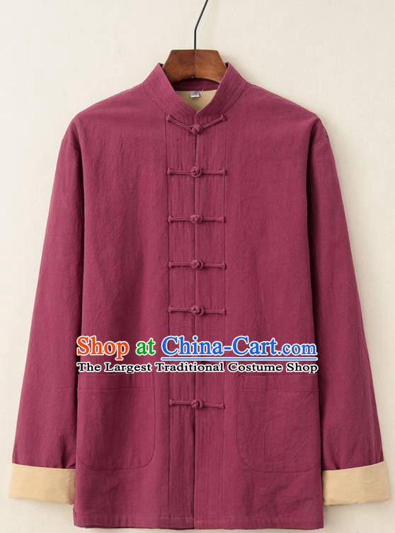 Chinese National Tang Suit Wine Red Upper Outer Garment Jacket Traditional Martial Arts Costumes for Men