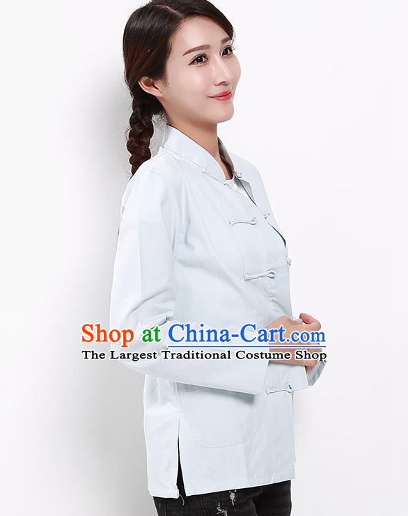 Chinese National Tang Suit Light Blue Blouse Traditional Martial Arts Shirt Costumes for Women