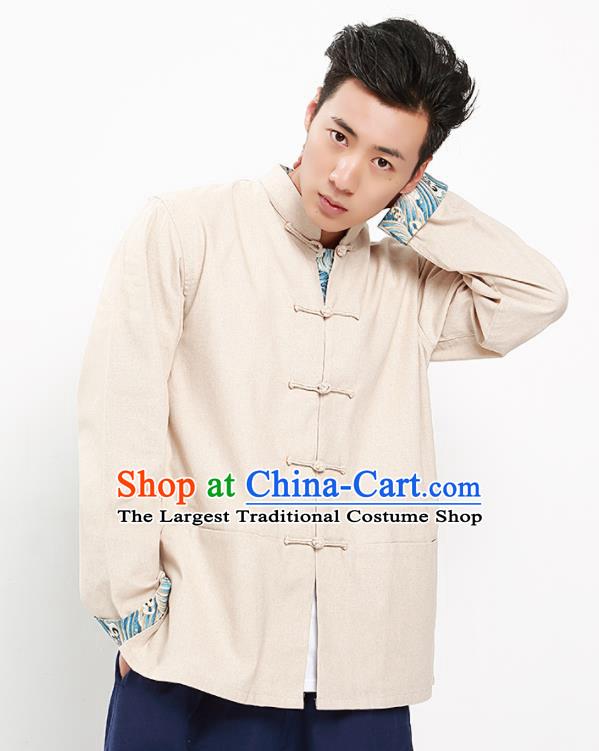 Chinese National Tang Suit Beige Flax Shirt Traditional Martial Arts Upper Outer Garment Costumes for Men