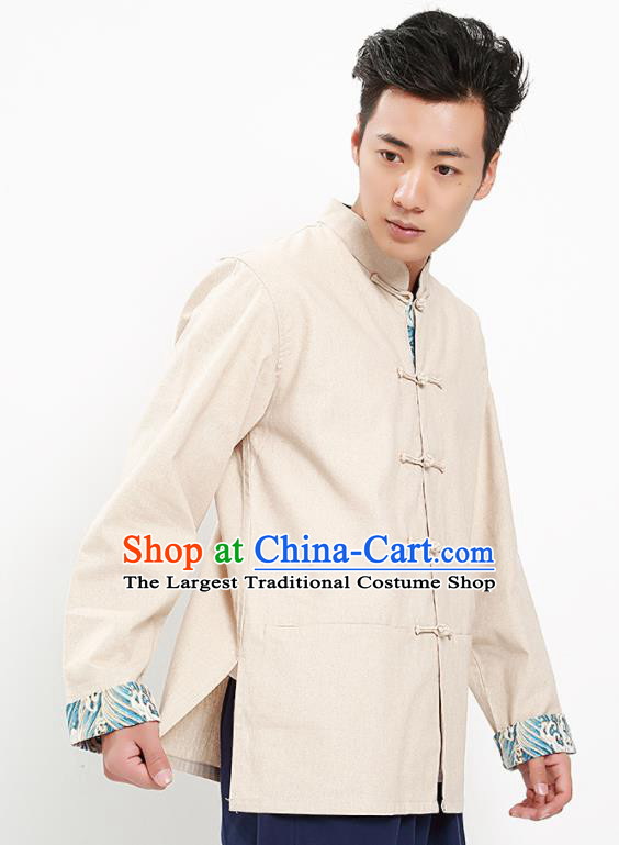 Chinese National Tang Suit Beige Flax Shirt Traditional Martial Arts Upper Outer Garment Costumes for Men