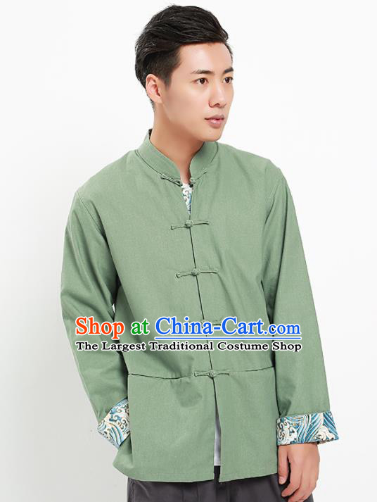 Chinese National Tang Suit Green Flax Shirt Traditional Martial Arts Upper Outer Garment Costumes for Men