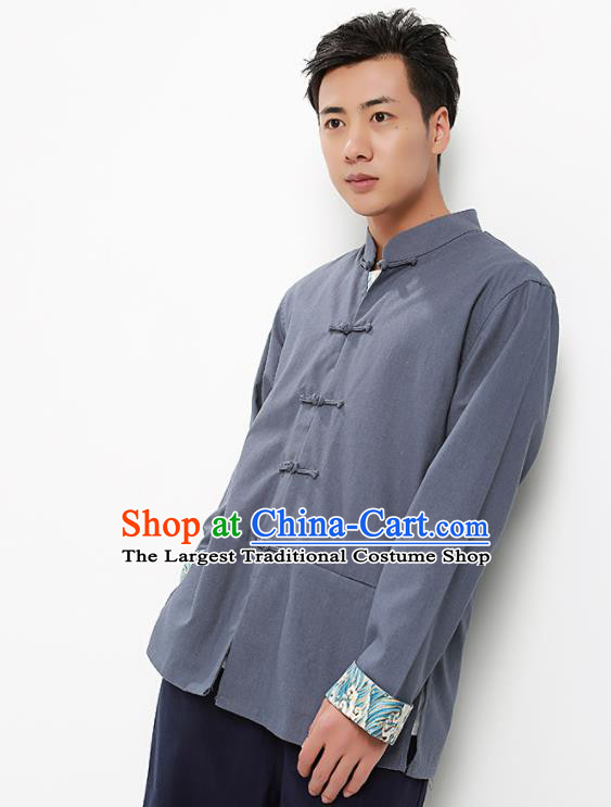 Chinese National Tang Suit Grey Flax Shirt Traditional Martial Arts Upper Outer Garment Costumes for Men