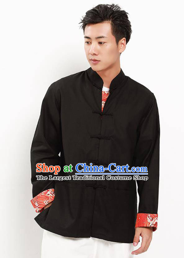 Chinese National Tang Suit Black Flax Shirt Traditional Martial Arts Upper Outer Garment Costumes for Men