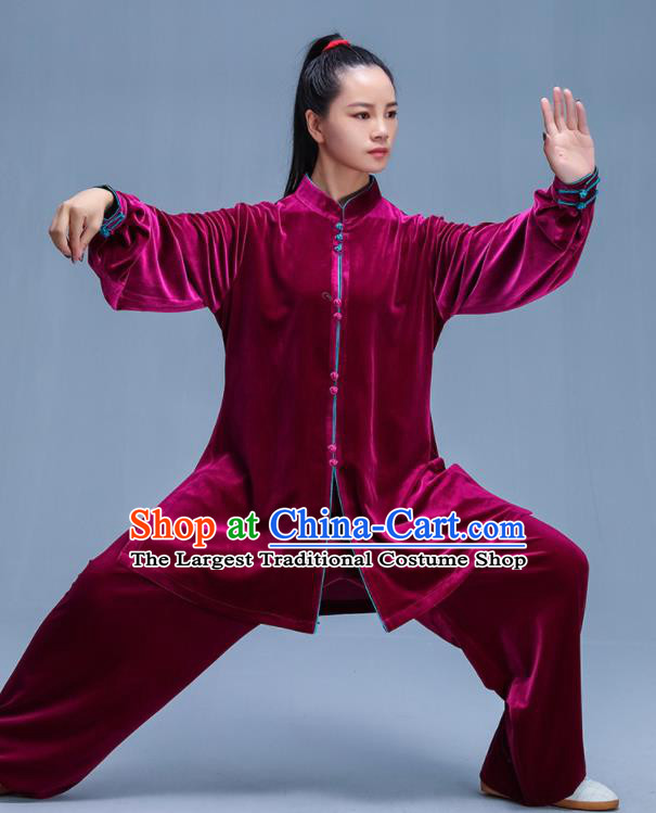 Chinese Traditional Kung Fu Wine Red Velvet Garment Outfits Martial Arts Stage Show Costumes for Women