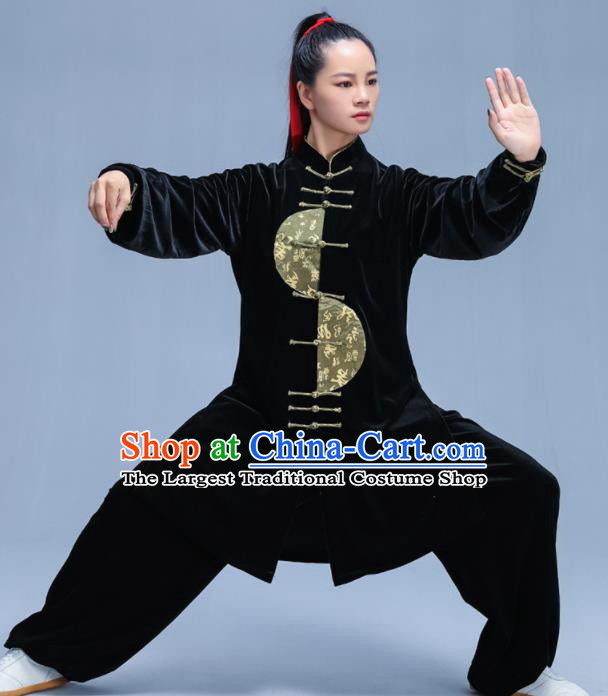 Chinese Traditional Kung Fu Black Velvet Garment Outfits Martial Arts Stage Show Costumes for Women