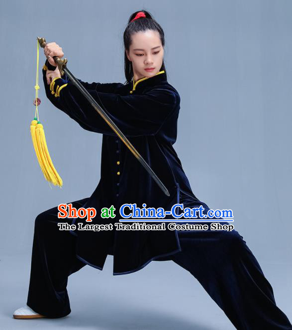 Chinese Traditional Kung Fu Navy Velvet Garment Outfits Martial Arts Stage Show Costumes for Women