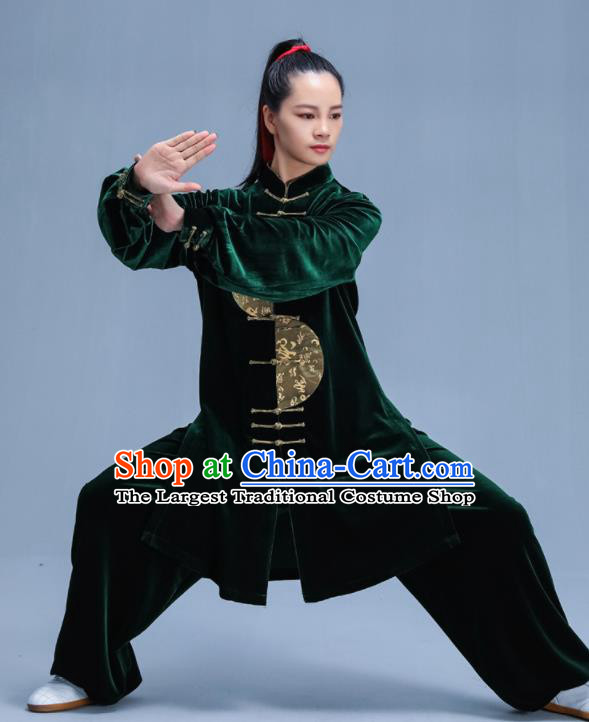Chinese Traditional Kung Fu Deep Green Velvet Garment Outfits Martial Arts Stage Show Costumes for Women