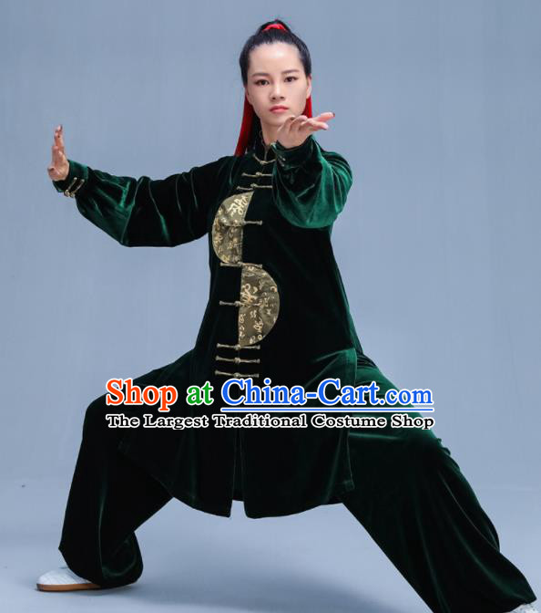 Chinese Traditional Kung Fu Deep Green Velvet Garment Outfits Martial Arts Stage Show Costumes for Women