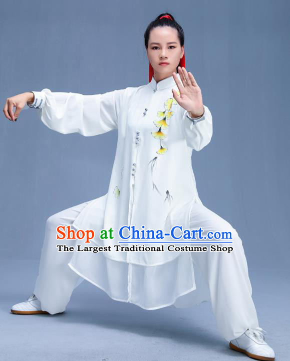 Chinese Traditional Kung Fu Printing Ginkgo Leaf White Garment Outfits Martial Arts Stage Show Costumes for Women