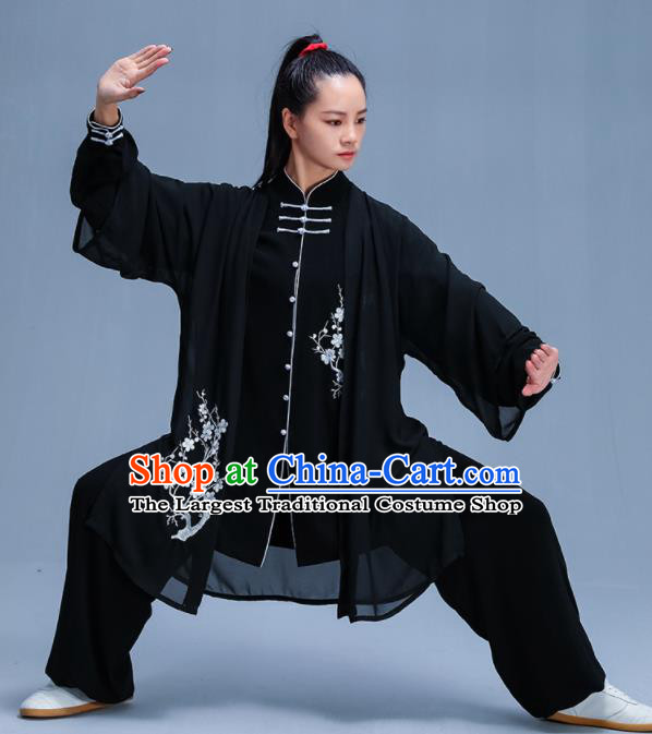 Chinese Traditional Kung Fu Embroidered Plum Blossom Black Garment Outfits Martial Arts Stage Show Costumes for Women