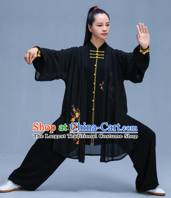 Black Chinese Traditional Kung Fu Embroidered Plum Blossom Garment Outfits Martial Arts Stage Show Costumes for Women