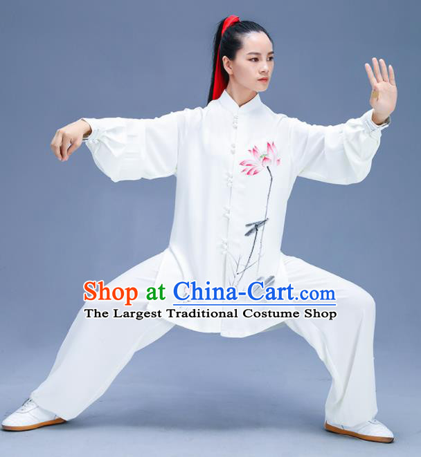 Chinese Traditional Kung Fu Ink Painting Lotus White Garment Outfits Martial Arts Stage Show Costumes for Women