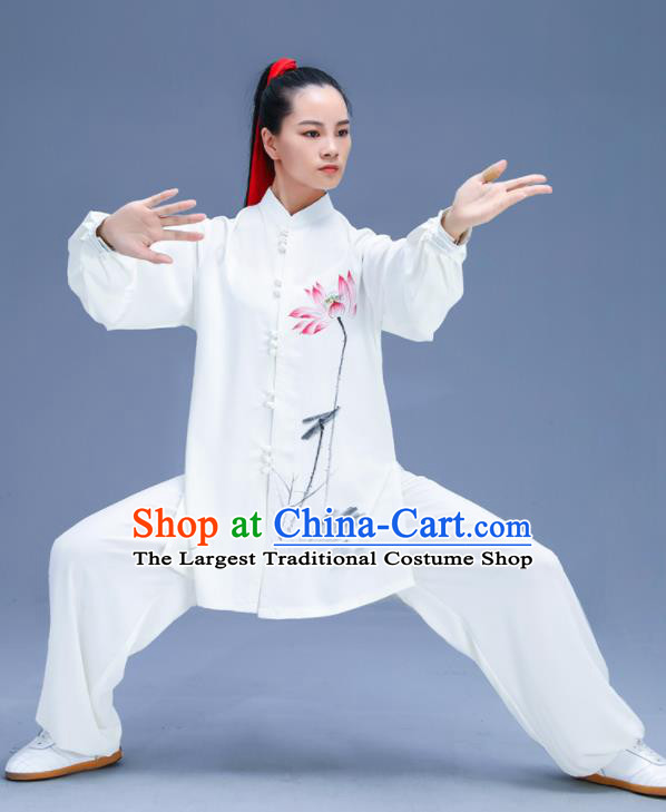 Chinese Traditional Kung Fu Ink Painting Lotus White Garment Outfits Martial Arts Stage Show Costumes for Women