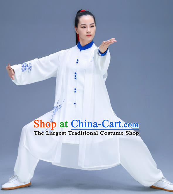 Chinese Traditional Kung Fu Training Printing Plum Blossom White Garment Outfits Martial Arts Stage Show Costumes for Women