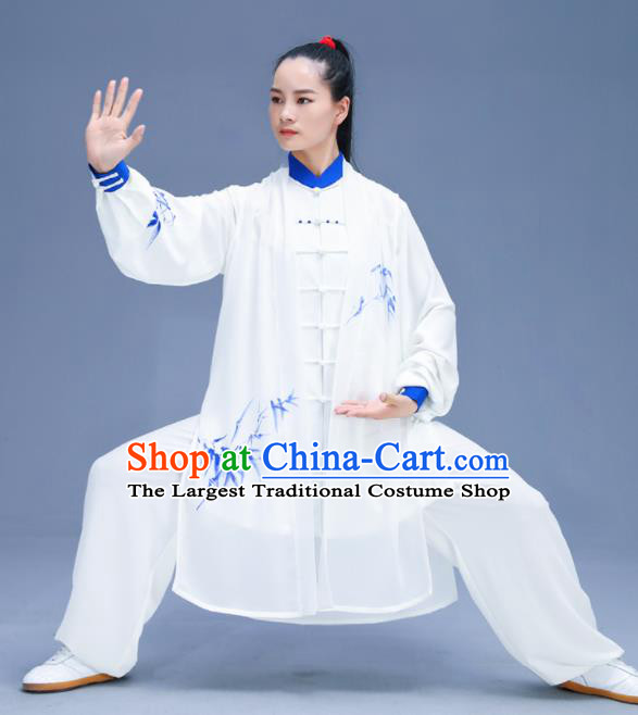 Chinese Traditional Kung Fu Training Printing Bamboo White Garment Outfits Martial Arts Stage Show Costumes for Women