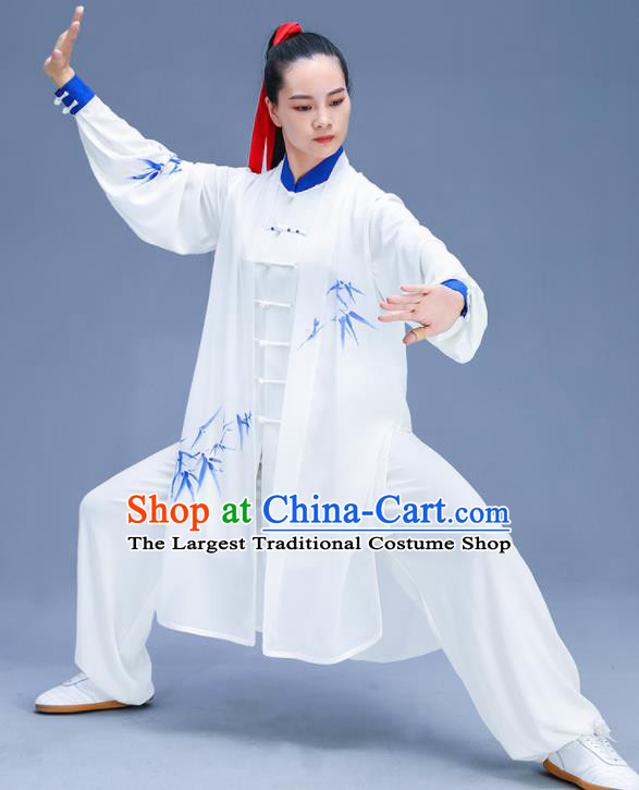 Chinese Traditional Kung Fu Training Printing Bamboo White Garment Outfits Martial Arts Stage Show Costumes for Women