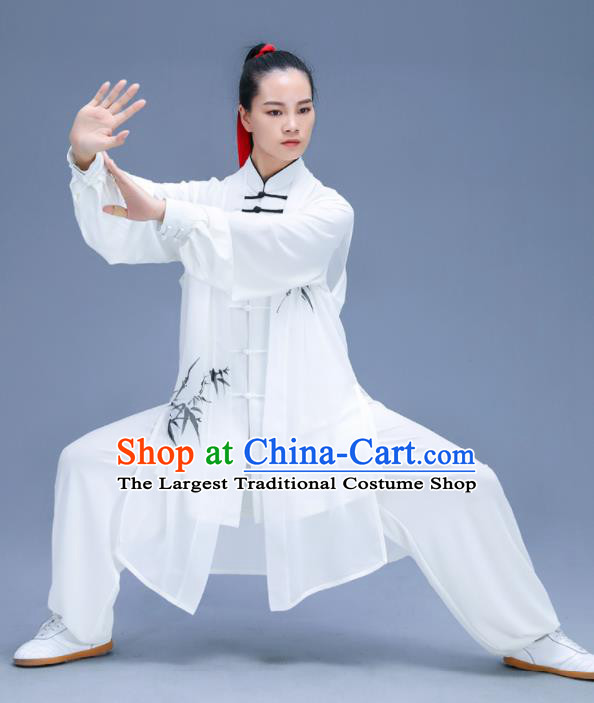 Chinese Traditional Kung Fu Training Ink Painting Bamboo White Garment Outfits Martial Arts Stage Show Costumes for Women