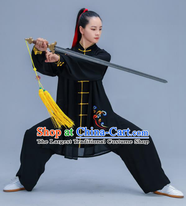 Chinese Traditional Kung Fu Training Embroidered Cloud Black Garment Outfits Martial Arts Stage Show Costumes for Women