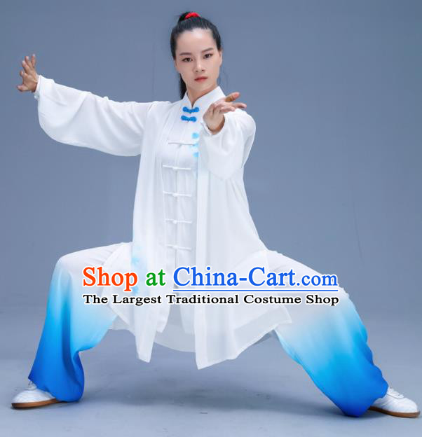 Chinese Traditional Kung Fu Training Gradient Blue Garment Outfits Martial Arts Stage Show Costumes for Women