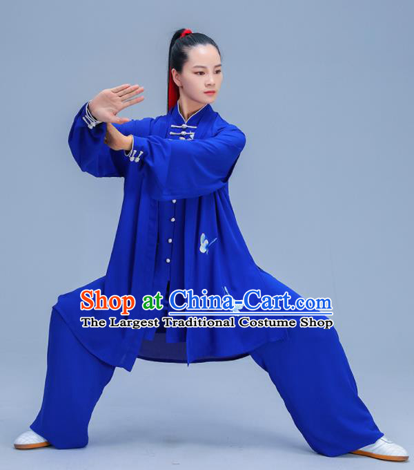 Chinese Traditional Kung Fu Training Printing Butterfly Royalblue Garment Outfits Martial Arts Stage Show Costumes for Women