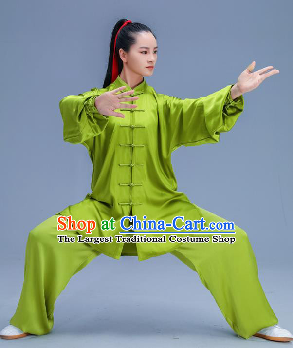 Chinese Traditional Kung Fu Training Green Silk Garment Outfits Martial Arts Stage Show Costumes for Women