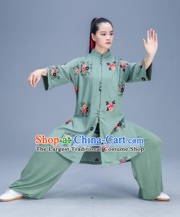 Chinese Traditional Kung Fu Tai Chi Training Printing Green Garment Outfits Martial Arts Stage Show Costumes for Women