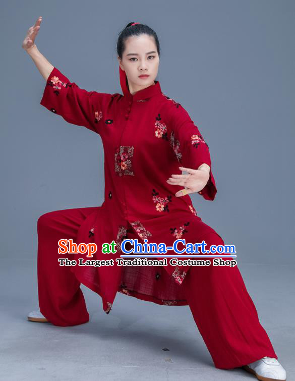 Chinese Traditional Kung Fu Tai Chi Training Printing Wine Red Garment Outfits Martial Arts Stage Show Costumes for Women