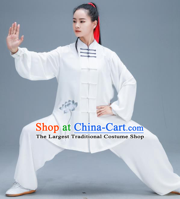 Chinese Traditional Kung Fu Tai Chi Training Embroidered Grey Lotus Garment Outfits Martial Arts Stage Show Costumes for Women